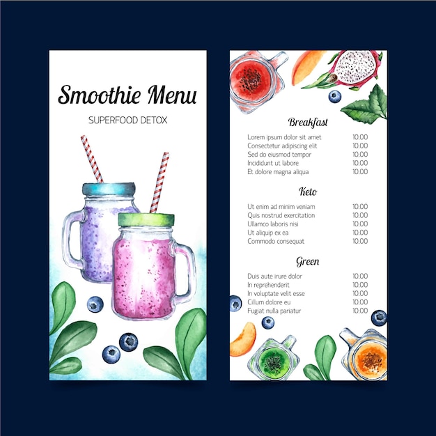 Projeto de modelo de aquarela de menu de smoothie