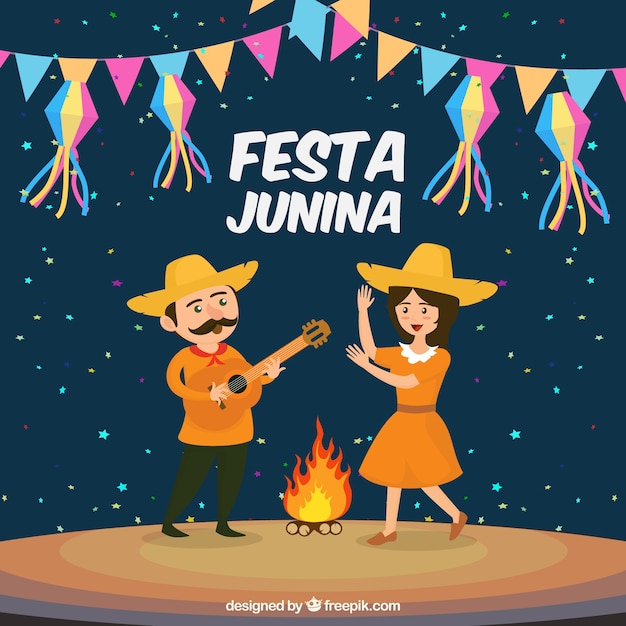 Vetor grátis projeto de plano de fundo festa junina com fogueira e casal dançando