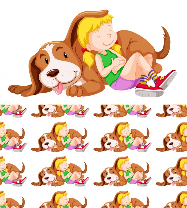 Vetor grátis projeto de plano de fundo sem emenda com menina e cachorro