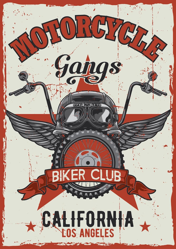Vetor grátis projeto de pôster vintage de tema de motocicleta com ilustração de capacete, óculos, roda e asas