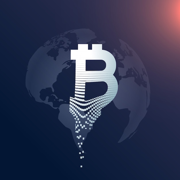 Projeto de símbolo criativo bitcoin digital com cenário do mapa mundial