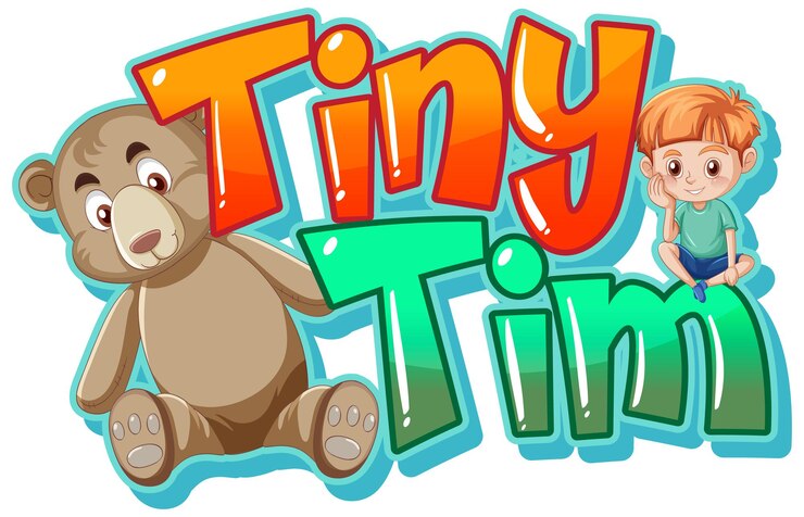 Vetor grátis projeto de texto do logotipo de tiny tim com ursinho de pelúcia e menino fofo