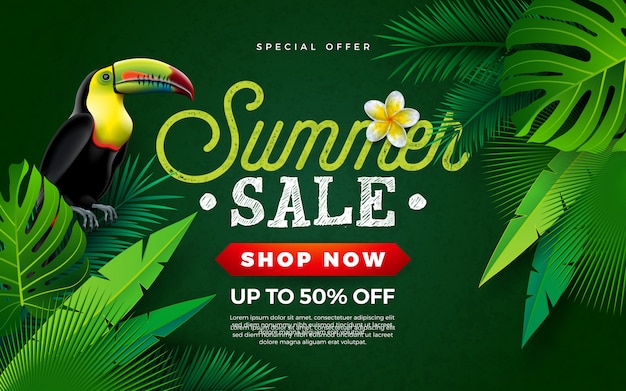 Projeto de venda de verão com tucano bird e tropical palm leaves