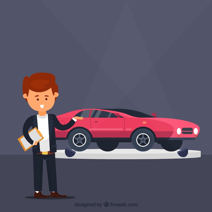 Vetor grátis projeto de vendedor de carros em quadrinhos