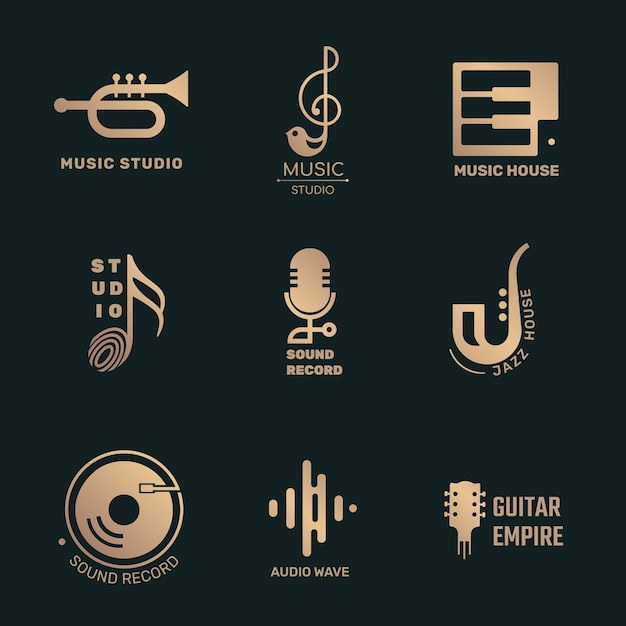 Projeto de vetor de logotipo de música plana mínimo definido em preto e dourado
