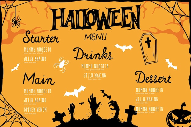 Projeto desenhado à mão menu de halloween