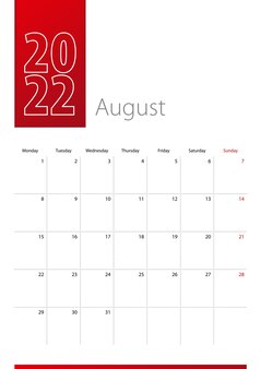 Projeto do calendário de agosto de 2022. a semana começa na segunda-feira. modelo de calendário vertical.