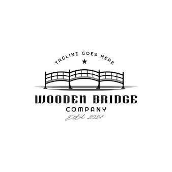 Projeto do logotipo da vista da silhueta da ponte de madeira e paisagem do rio