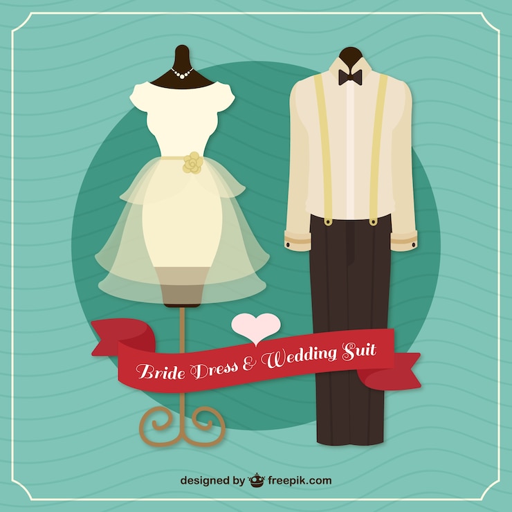Vetor grátis projeto do vestido de noiva e terno do casamento