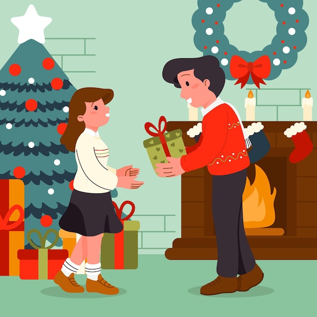 Projeto plano de cena de presentes de Natal com homem e mulher