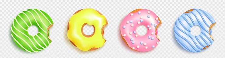 Vetor grátis projeto vetorial isolado de rosquinha mordida realista conjunto de bagel de biscoito de confeitaria para ilustração de menu de café vista superior 3d vitrificado e rosquinha mordida em decoração de glacê azul amarelo e verde de tinta
