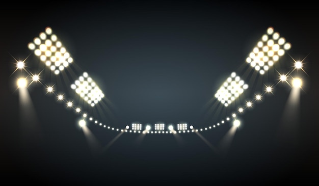 Vetor grátis projetores de estádio realistas com símbolos de luzes brilhantes