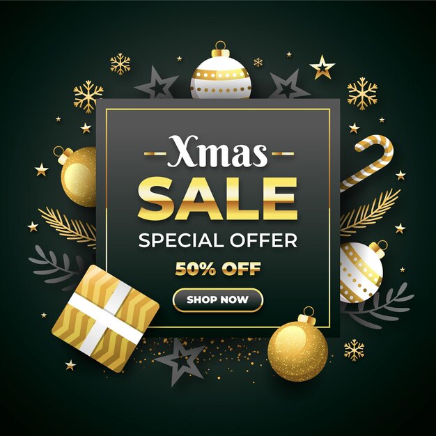 Promoção de vendas de natal de design plano com decorações douradas e cinza