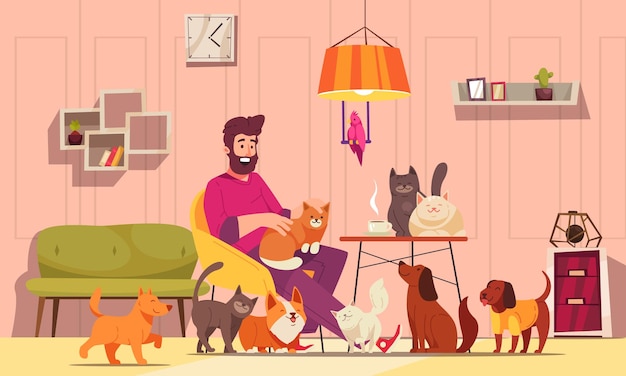 Vetor grátis proprietário masculino de gatos e cães com seus animais de estimação em ilustração vetorial de desenho animado em casa