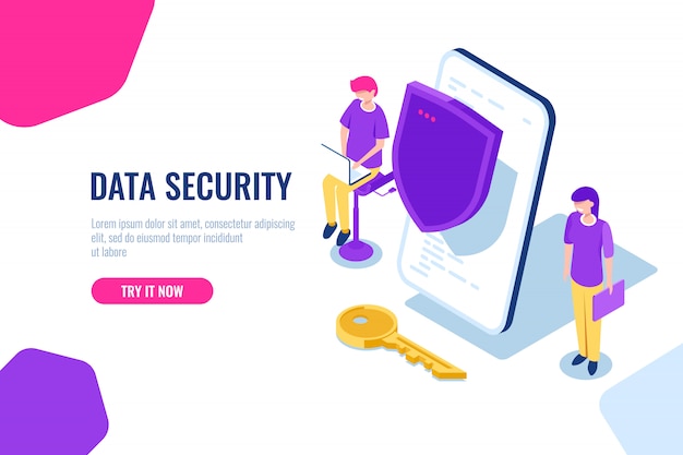 Vetor grátis proteção de dados móveis e informações pessoais, celular com escudo e chave