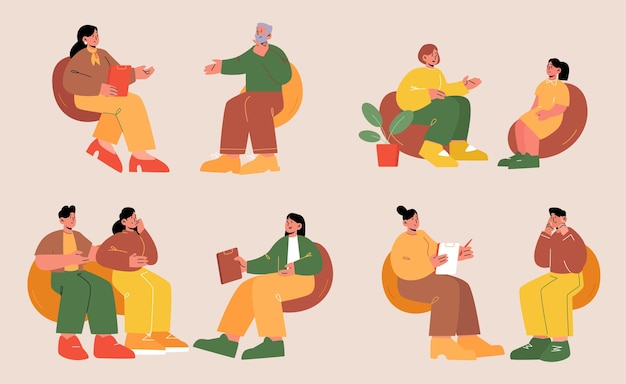 Vetor grátis psicólogo e paciente reunião na sessão de terapia. ilustrações planas vetoriais de personagens psicoterapeutas aconselhando pessoas sentadas em cadeiras. conceito de consulta profissional de saúde mental