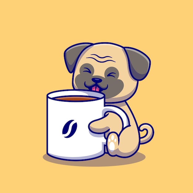 Vetor grátis pug bonito com ilustração dos desenhos animados da xícara de café. conceito de bebida animal isolado. flat cartoon