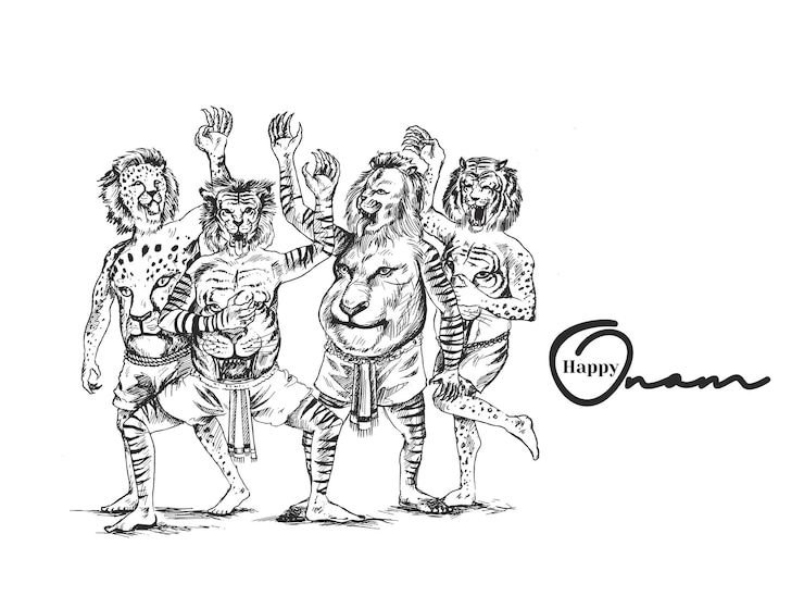 Vetor grátis puli kali dança do tigre para ilustração vetorial de cartaz de celebração de onam