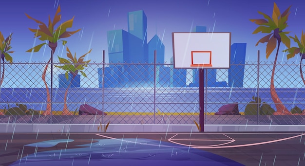 Vetor grátis quadra de basquete de rua chuvosa e horizonte da paisagem urbana playground ao ar livre para jogo de esporte de cesta perto da costa do mar cartoon vetor fundo vazio equipe escolar arena estádio costa com vista para arranha-céu