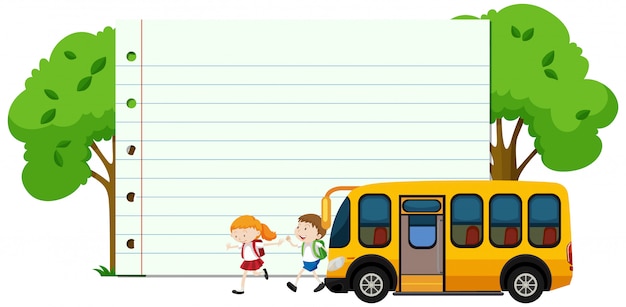 Quadro com crianças felizes e ônibus escolar