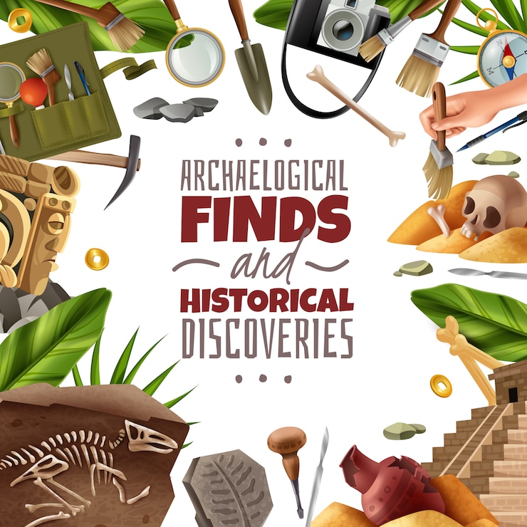 Vetor grátis quadro de arqueologia com composição redonda de artefatos de equipamentos de escavação e descobertas em torno de texto editável ornamentado