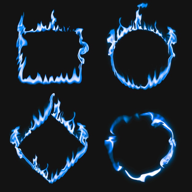 Vetor grátis quadro de chamas, formas de círculo quadrado azul, conjunto de vetores de fogo ardente realistas
