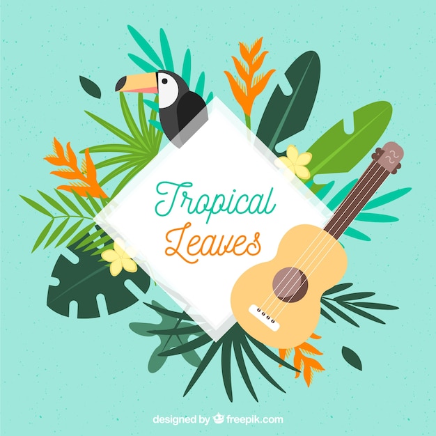 Quadro de folhas tropicais com tucano e violão