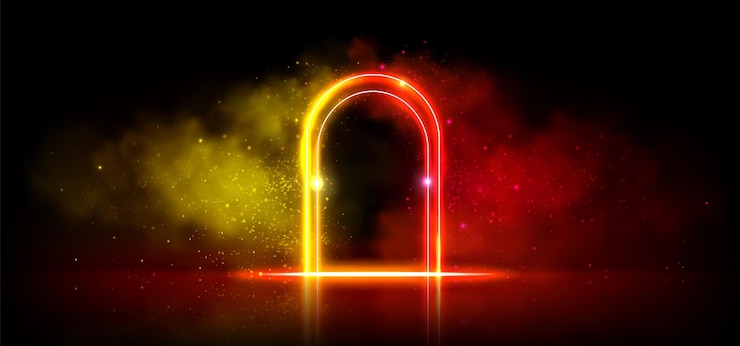 Vetor grátis quadro de porta arqueado com efeito de néon com vapor luminoso quadro brilhante de gradiente vermelho e amarelo cercado por nevoeiro e brilho brilhante ilustração vetorial realista da borda do portal ou da porta do palco