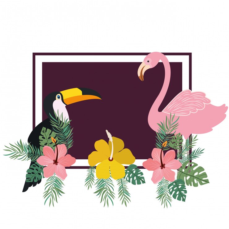 Vetor grátis quadro de tucan e flamengo com flores de verão
