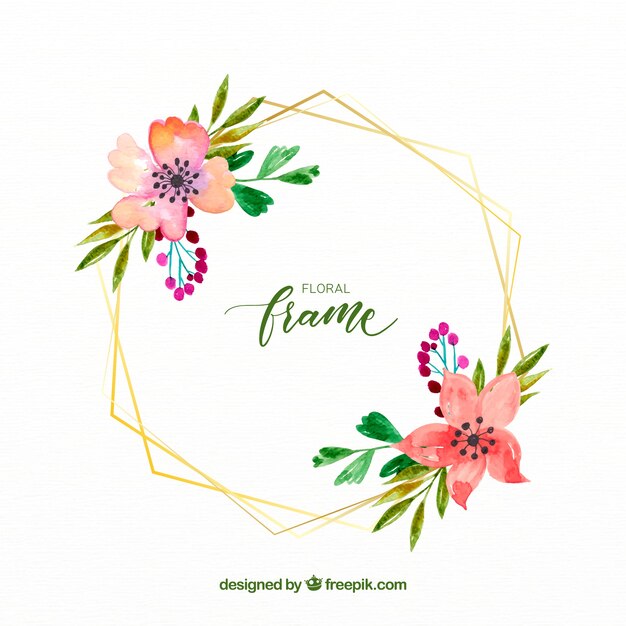 Quadro floral aquarela elegante com linhas douradas
