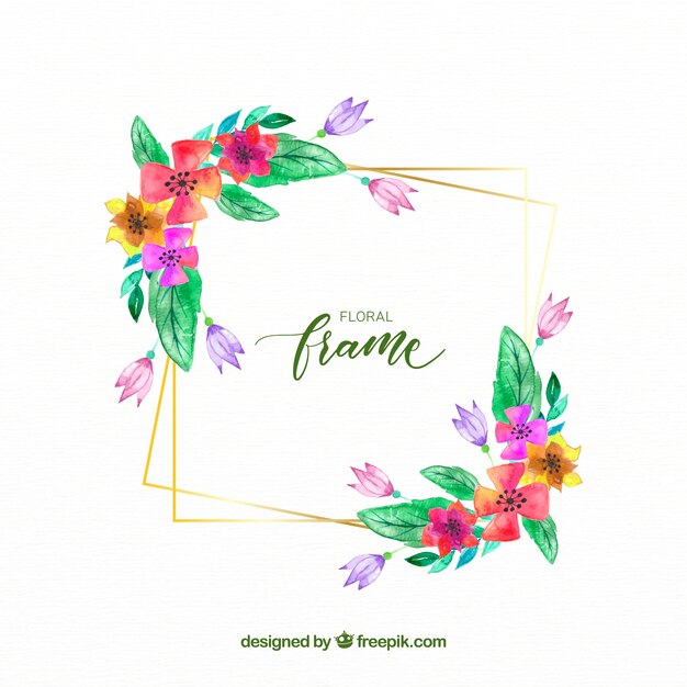 Quadro floral aquarela elegante com linhas douradas