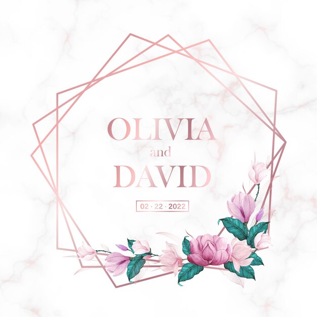 Quadro geométrico ouro rosa com floral em fundo de mármore para logotipo de monograma de casamento e cartão de convite