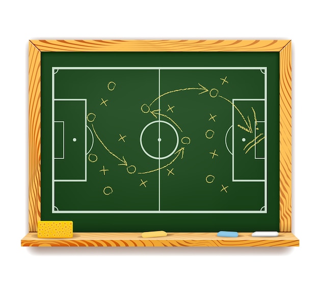 Vetor grátis quadro-negro mostrando um plano de jogo esquemático para futebol com uma visão aérea do campo mostrando as posições dos jogadores e a trajetória da bola com setas