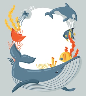 Quadro para o pôster do dia mundial do oceano animais marinhos coloridos em um círculo no fundo branco e cinza ilustração plana
