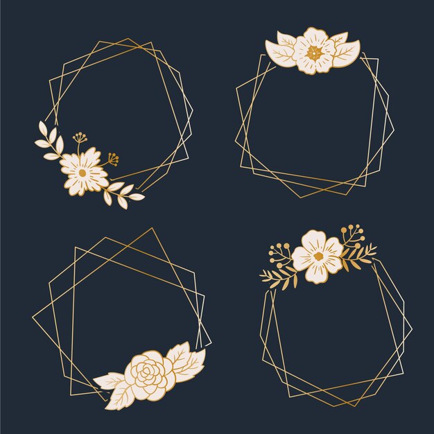 Quadro poligonal dourado com flores elegantes