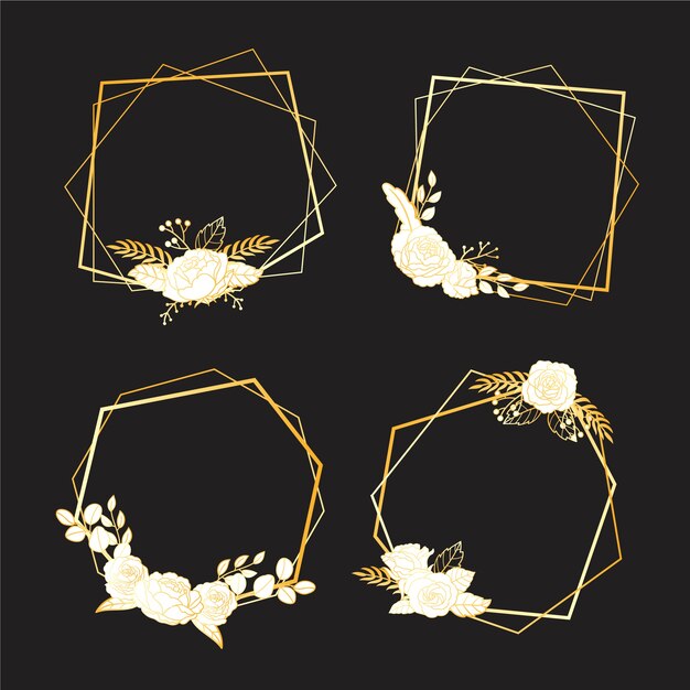 Quadro poligonal dourado com flores elegantes