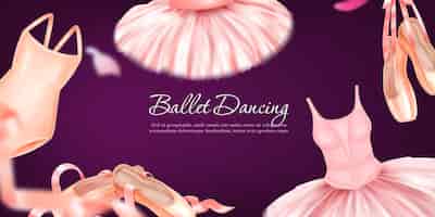 Vetor grátis quadro realista horizontal de dança de balé com acessórios elegantes de bailarina e elementos desfocados na ilustração vetorial de fundo de cor