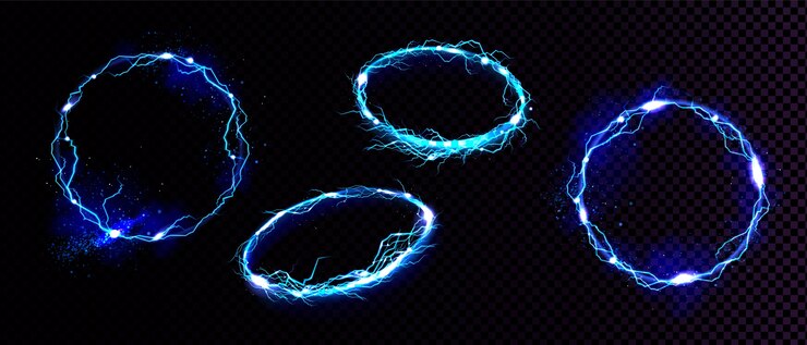 Vetor grátis quadros de relâmpagos elétricos, bordas brilhantes digitais do círculo na frente e vista de ângulo. conjunto realista de vetores de descarga faiscante redonda azul isolada