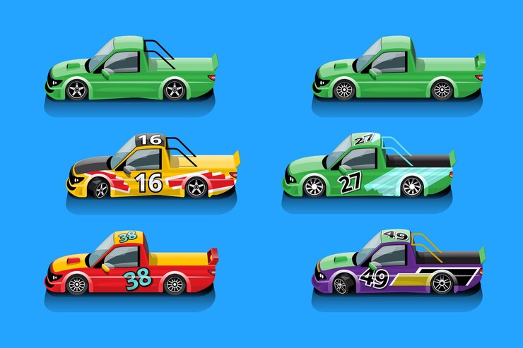 Vetor grátis quando o jogo é iniciado, o jogador pode selecionar o carro de corrida na biblioteca de jogos e o desempenho do carro de corrida em junho