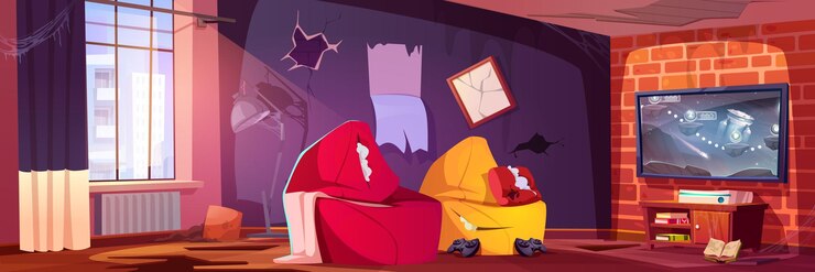 Vetor grátis quarto abandonado com móveis danificados ilustração de desenhos animados vetoriais de apartamento com papéis de parede rasgados teia de aranha de moldura de imagem rachada em cantos empoeirados videogame antigo em joysticks de tela de tv no chão