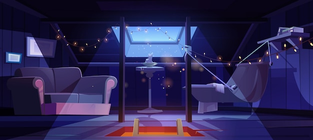 Vetor grátis quarto aconchegante no sótão com rede e sofá à noite vector cartoon interior de mansarda