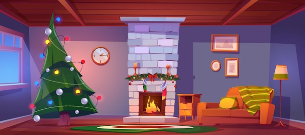 Quarto caseiro na noite de natal, interior vazio com lareira acesa, velas, meias de presente, abeto decorado com guirlandas e sofá aconchegante com travesseiro e manta. ilustração em vetor xmas véspera de desenhos animados