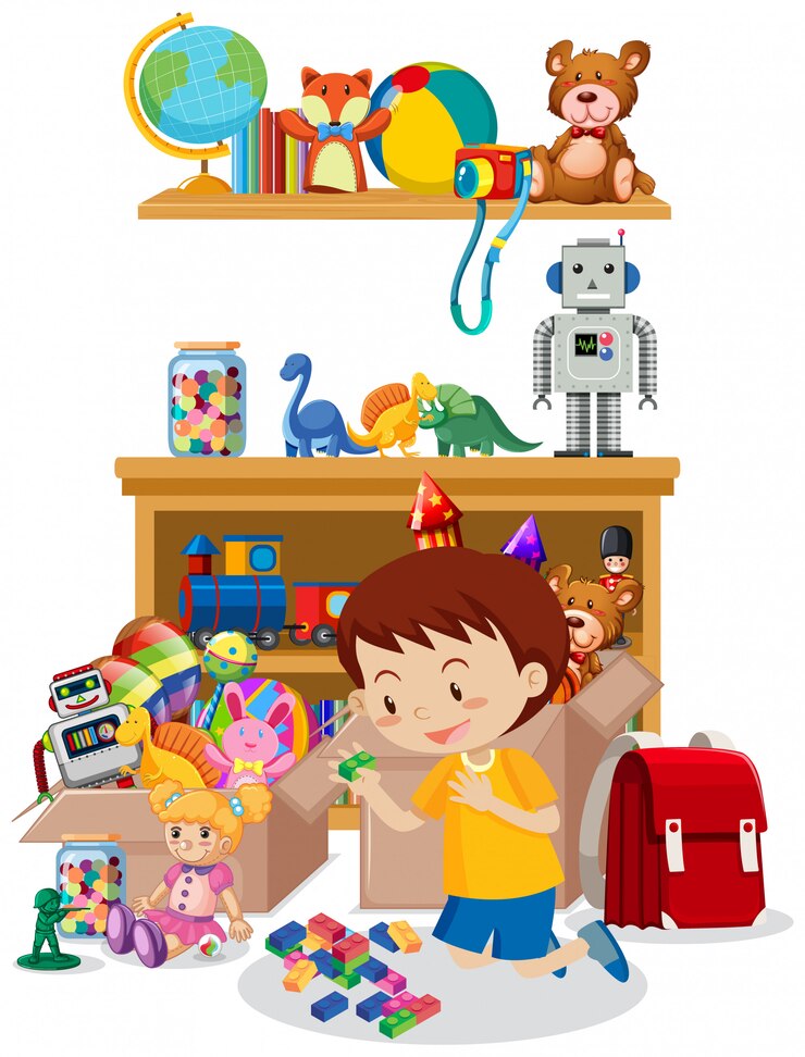 Vetor grátis quarto com menino jogando brinquedos no chão