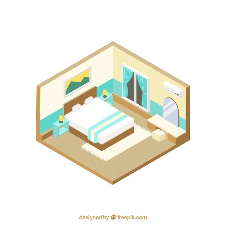 Vetor grátis quarto com mobília em estilo isométrica