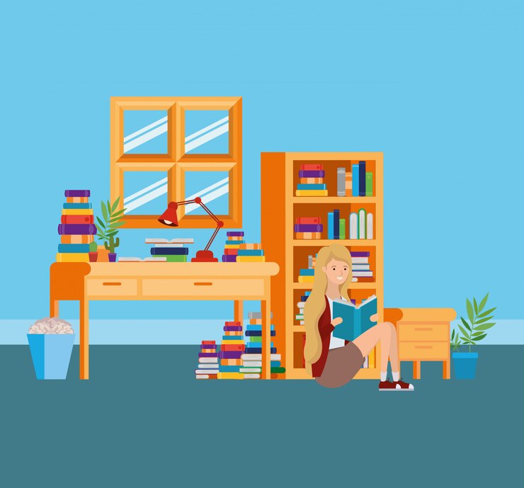Vetor grátis quarto de estudo em casa com livros