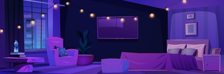 Vetor grátis quarto de hotel aconchegante à noite, vetor de desenhos animados, fundo interior apartamento moderno vazio com travesseiro guirlanda e televisão na parede conceito de design interno roxo com garrafa de água na mesa de cabeceira