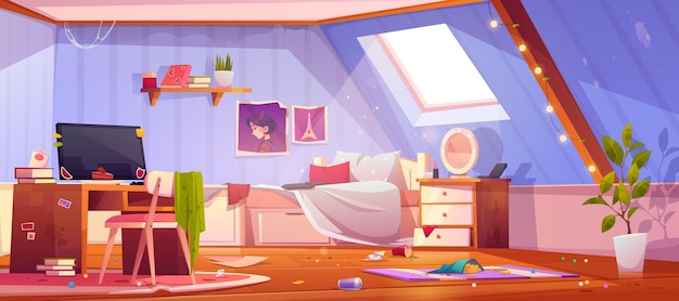 Quarto de menina bagunçada no sótão. Interior da mansarda com móveis e roupas sujas, cama desarrumada e lixo.