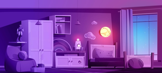 Quarto de meninos com estante de armário de cama e caixa de brinquedos à noite Ilustração vetorial de desenho animado do interior do quarto de crianças vazio com robô de foguete de bola de livros e luz noturna na parede