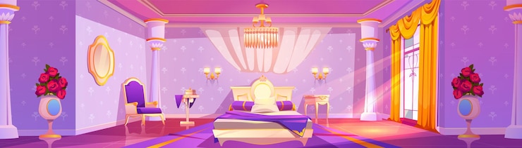 Vetor grátis quarto de princesa interior castelo real quarto feminino para dormir e relaxar com espelho de cama grande na parede e janela com cortinas palácio de conto de fadas de desenho animado dentro com móveis antigos de luxo