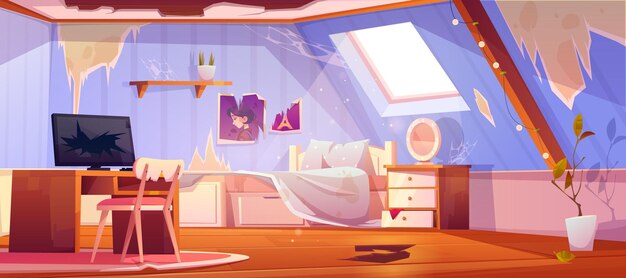 Quarto velho da garota suja no sótão. Interior da mansarda com piso e móveis quebrados, bagunça e lixo.